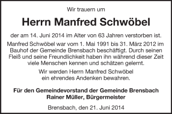 Traueranzeige von Manfred Schwöbel von Odenwälder Echo