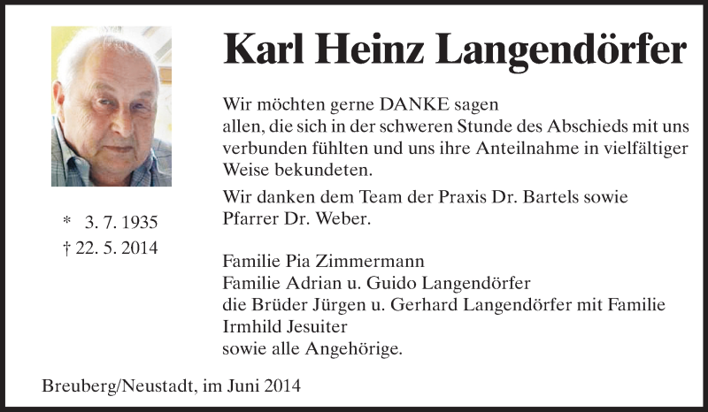  Traueranzeige für Karl Heinz Langendörfer vom 21.06.2014 aus Odenwälder Echo