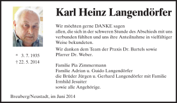 Traueranzeige von Karl Heinz Langendörfer von Odenwälder Echo