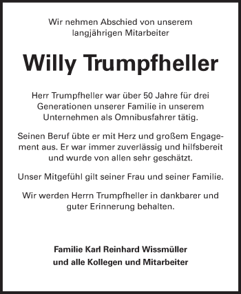 Traueranzeige von Willy Trumpfheller von Odenwälder Echo
