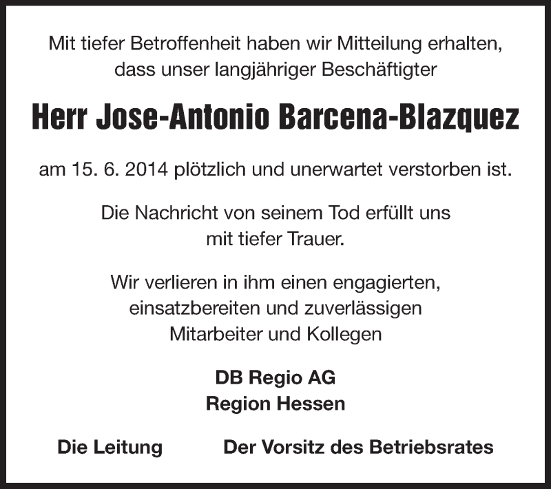  Traueranzeige für Jose-Antonio Barcena-Blazquez vom 20.06.2014 aus Echo-Zeitungen (Gesamtausgabe)