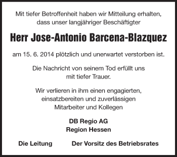 Traueranzeige von Jose-Antonio Barcena-Blazquez von Echo-Zeitungen (Gesamtausgabe)