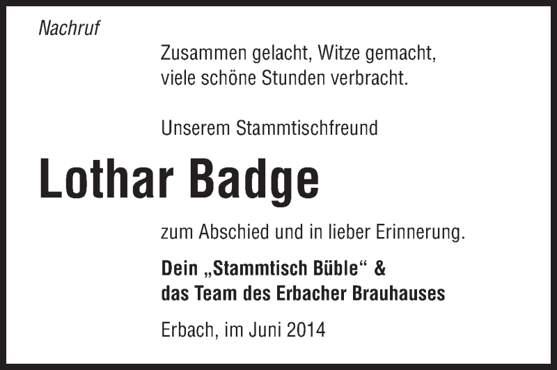  Traueranzeige für Lothar Badge vom 21.06.2014 aus Odenwälder Echo