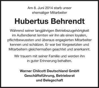 Traueranzeige von Hubertus Behrendt von Echo-Zeitungen (Gesamtausgabe)