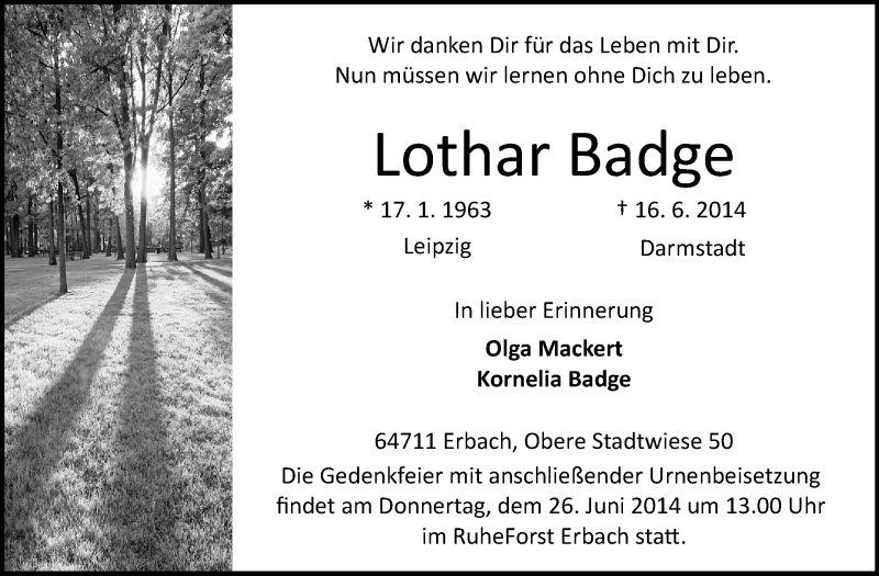  Traueranzeige für Lothar Badge vom 21.06.2014 aus Odenwälder Echo