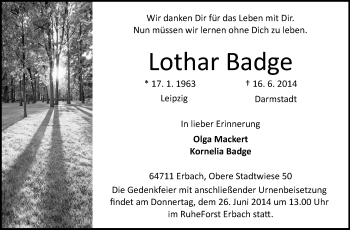 Traueranzeige von Lothar Badge von Odenwälder Echo