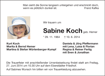 Traueranzeige von Sabine Koch von Echo-Zeitungen (Gesamtausgabe)