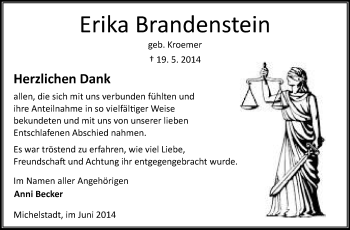 Traueranzeige von Erika Brandenstein von Odenwälder Echo