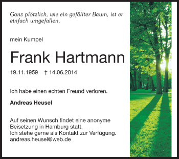 Traueranzeige von Frank Hartmann von Echo-Zeitungen (Gesamtausgabe)