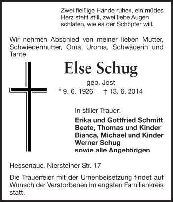 Traueranzeige von Else Schug von Rüsselsheimer Echo, Groß-Gerauer-Echo, Ried Echo