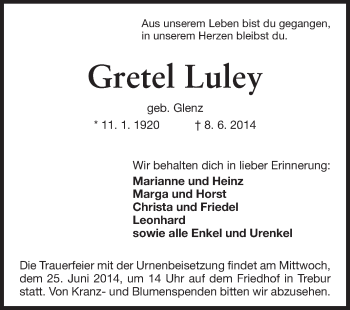 Traueranzeige von Gretel Luley von Rüsselsheimer Echo, Groß-Gerauer-Echo, Ried Echo