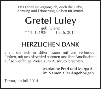Traueranzeige von Gretel Luley von Rüsselsheimer Echo, Groß-Gerauer-Echo, Ried Echo