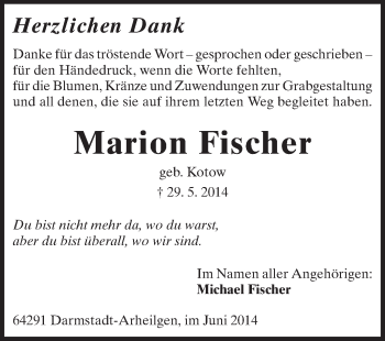 Traueranzeige von Marion Fischer von Echo-Zeitungen (Gesamtausgabe)