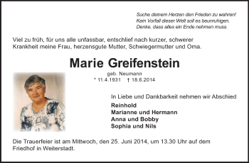 Traueranzeige von Marie Greifenstein von Echo-Zeitungen (Gesamtausgabe)