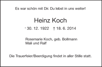 Traueranzeige von Heinz Koch von Echo-Zeitungen (Gesamtausgabe)