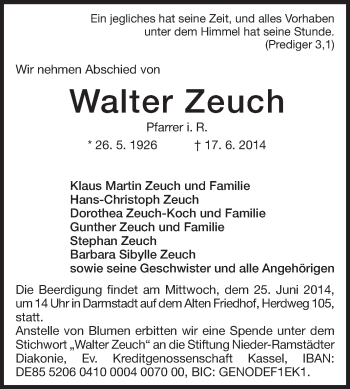 Traueranzeige von Walter Zeuch von Echo-Zeitungen (Gesamtausgabe)