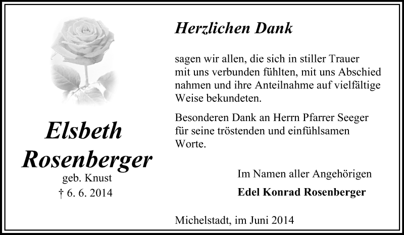  Traueranzeige für Elsbeth Rosenberger vom 21.06.2014 aus Odenwälder Echo