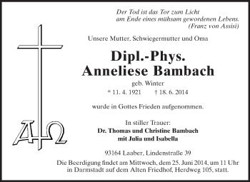 Traueranzeige von Anneliese Bambach von Echo-Zeitungen (Gesamtausgabe)