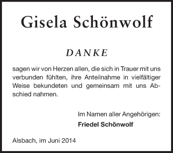 Traueranzeige von Gisela Schönwolf von Echo-Zeitungen (Gesamtausgabe)