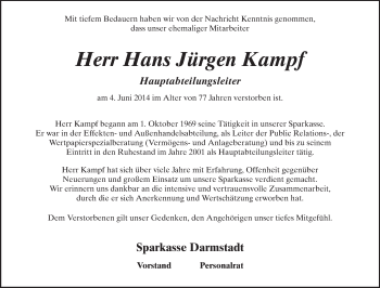 Traueranzeige von Hans Jürgen Kampf von Echo-Zeitungen (Gesamtausgabe)