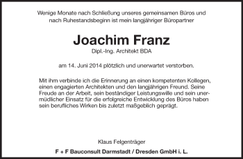 Traueranzeige von Joachim Franz von Echo-Zeitungen (Gesamtausgabe)