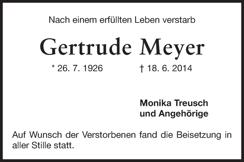  Traueranzeige für Gertrude Meyer vom 25.06.2014 aus Echo-Zeitungen (Gesamtausgabe)