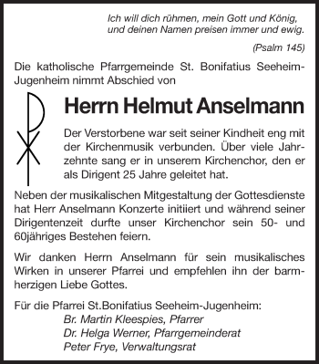 Traueranzeige von Helmut Anselmann von Echo-Zeitungen (Gesamtausgabe)