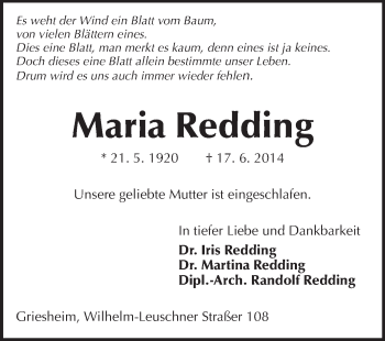 Traueranzeige von Maria Redding von Echo-Zeitungen (Gesamtausgabe)