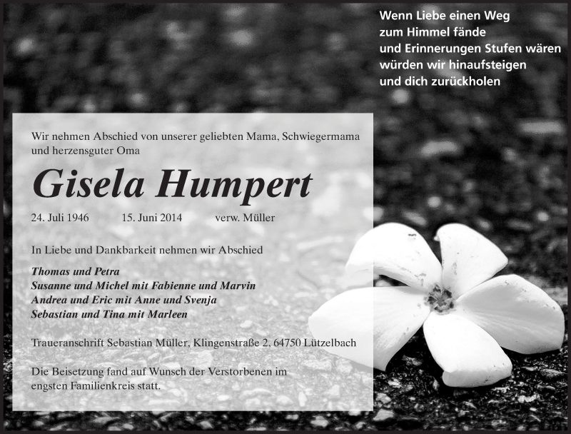  Traueranzeige für Gisela Humpert vom 28.06.2014 aus Odenwälder Echo