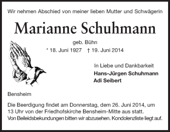 Traueranzeige von Marianne Schuhmann von Echo-Zeitungen (Gesamtausgabe)