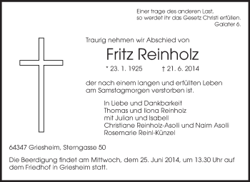 Traueranzeige von Fritz Reinholz von Echo-Zeitungen (Gesamtausgabe)