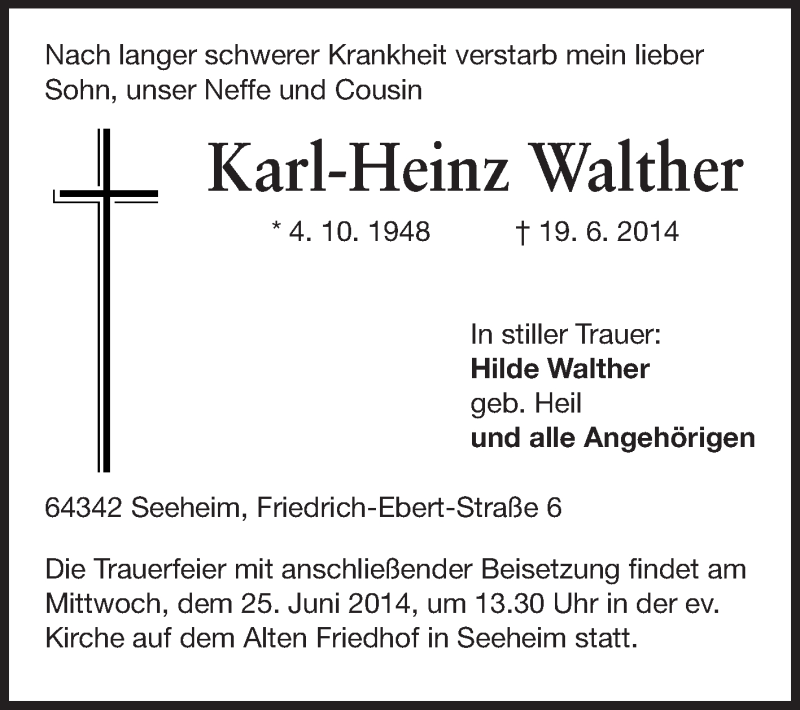 Traueranzeige für Karl-Heinz Walther vom 23.06.2014 aus Echo-Zeitungen (Gesamtausgabe)