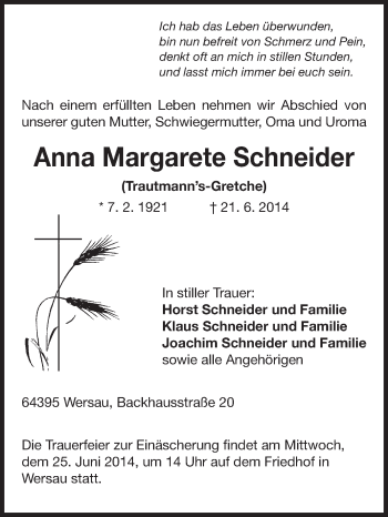 Traueranzeige von Anna Margarete Schneider von Odenwälder Echo