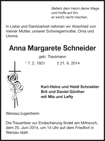 Traueranzeige von Anna Margarete Schneider von Odenwälder Echo