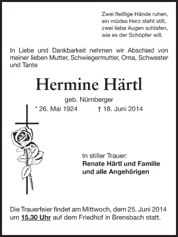 Traueranzeige von Hermine Härtl von Odenwälder Echo