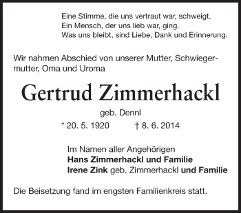 Traueranzeige von Gertrud Zimmerhackl von Echo-Zeitungen (Gesamtausgabe)