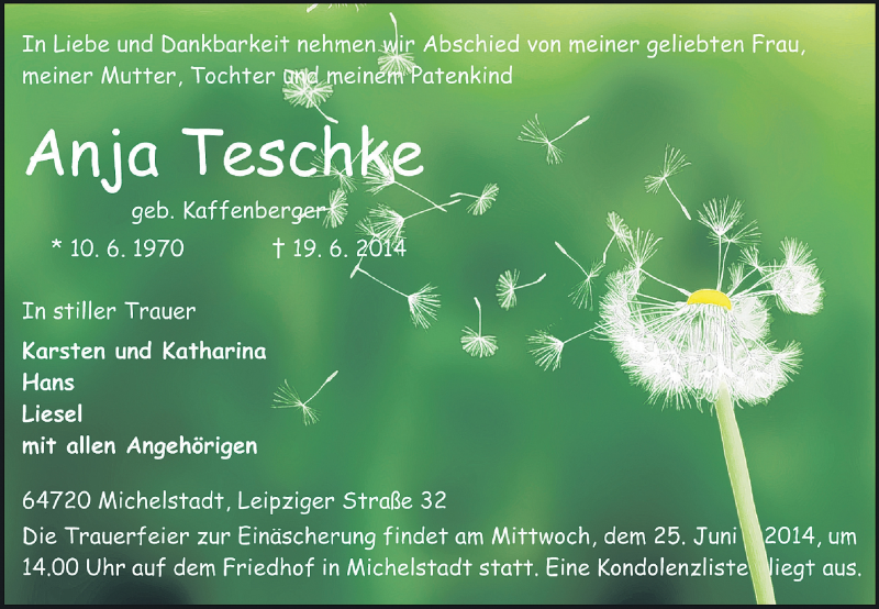  Traueranzeige für Anja Teschke vom 23.06.2014 aus Odenwälder Echo