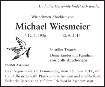 Traueranzeige von Michael Wiesmeier von Rüsselsheimer Echo, Groß-Gerauer-Echo, Ried Echo