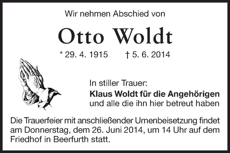  Traueranzeige für Otto Woldt vom 24.06.2014 aus Odenwälder Echo