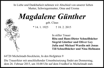 Traueranzeige von Magdalene Günther von Odenwälder Echo