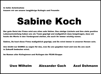 Traueranzeige von Sabine Koch von Echo-Zeitungen (Gesamtausgabe)