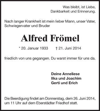 Traueranzeige von Alfred Frömel von Echo-Zeitungen (Gesamtausgabe)