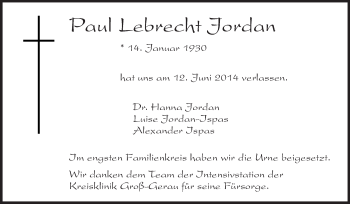 Traueranzeige von Paul Lebrecht Jordan von Rüsselsheimer Echo, Groß-Gerauer-Echo, Ried Echo