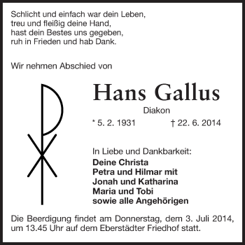 Traueranzeige von Hans Gallus von Echo-Zeitungen (Gesamtausgabe)