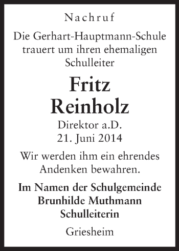 Traueranzeige von Fritz Reinholz von Echo-Zeitungen (Gesamtausgabe)