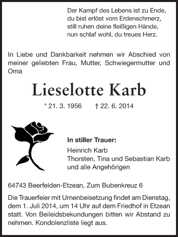 Traueranzeige von Lieselotte Karb von Odenwälder Echo