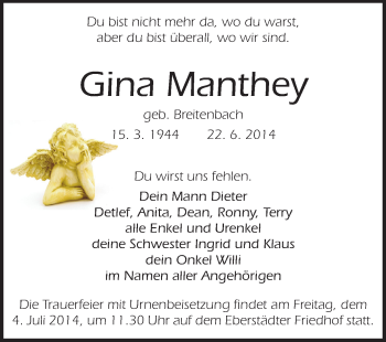 Traueranzeige von Gina Manthey von Darmstädter Echo, Odenwälder Echo, Rüsselsheimer Echo, Groß-Gerauer-Echo, Ried Echo