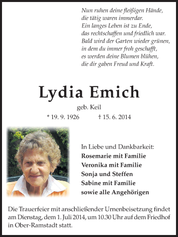 Traueranzeige von Lydia Emich von Darmstädter Echo, Odenwälder Echo, Rüsselsheimer Echo, Groß-Gerauer-Echo, Ried Echo