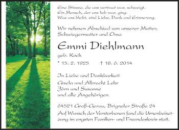 Traueranzeige von Emmi Diehlmann von Rüsselsheimer Echo, Groß-Gerauer-Echo, Ried Echo