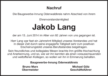 Traueranzeige von Jakob Lang von Odenwälder Echo